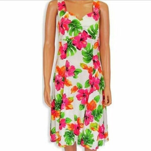 Two Palms Hawaii Rayon White W/Pink Hibiscus Watercolor Floral Midi Dress sz XL
